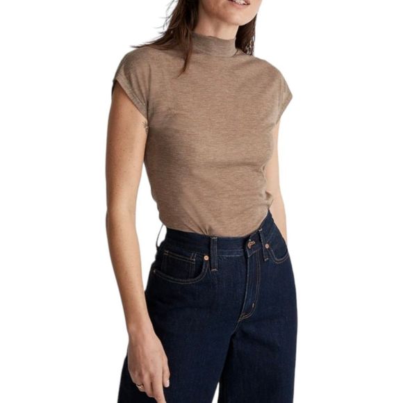 Madewell NWT Sheer Ribbed Mockneck Tee sz S in Heathered Flax - Picture 3 of 10